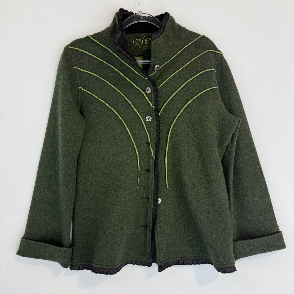Icelandic Design Wool Jacket Womens L Green Contrast Stitch Pleated Trim 13830